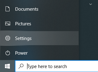 Screenshot showing the cog wheel for Settings in the Windows Start menu.