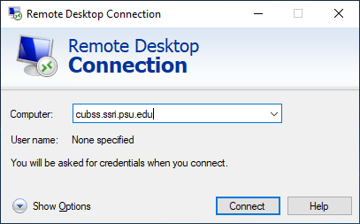 Screenshot of Remote Desktop Connection window with computer address entered.