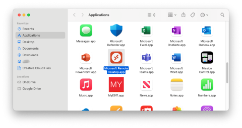 Screenshot of the Microsoft Remote Desktop application in the Applications window.