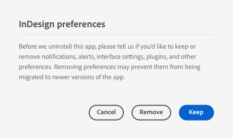 Screenshot of the dialog box asking whether to keep or remove preferences.
