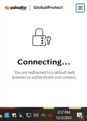 Screenshot of the GlobalProtect client connecting.