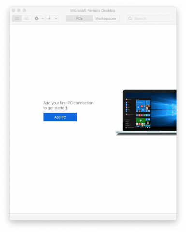 Screenshot of the Microsoft Remote Desktop window with the Add Desktop button.