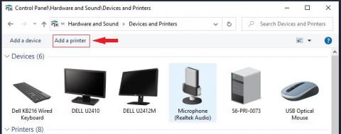 Screenshot of the Control Panel Devices and Printers window highlighting the 'Add a printer' link.