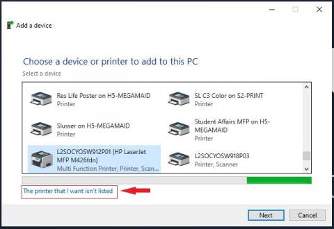 Screenshot of the 'Add a device' window that opens highlighting the 'The printer that I want isn’t listed' link.