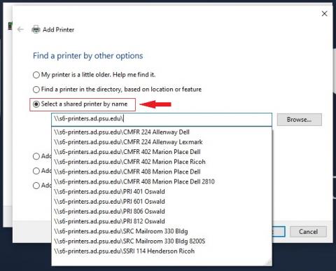 Screenshot of the 'Add a device' window with the radio for 'Select a shared printer by name' selected and a list of printers to choose from.