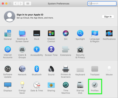 Screenshot of System Preferences with the Profiles button highlighted.