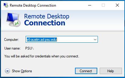 Screenshot of the Remote Desktop Connection window with the name entered as described.