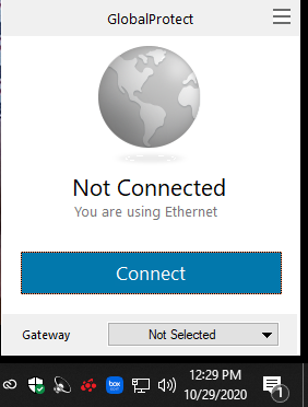 Screenshot of the GlobalProtect client and connect button.