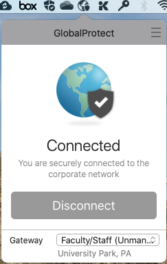 Screenshot of the GlobalProtect window and disconnect button.