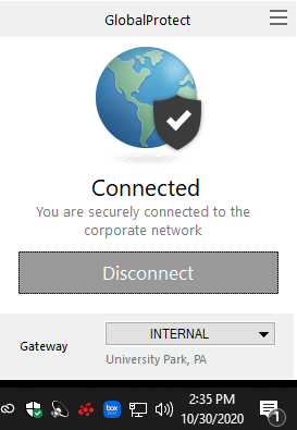 Screenshot of the GlobalProtect client and disconnect button.