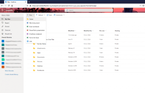 Screenshot showing the New and Folder menus.