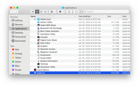Screenshot of the Zoom application in the Applications folder in MacOS.