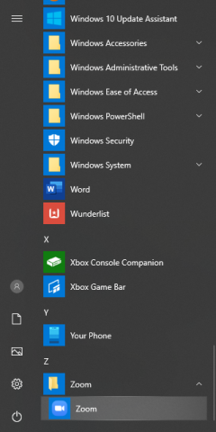 Screenshot showing the Zoom application in the list of installed applications in the Windows Start menu.