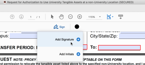 Screenshot of the Sign button and Add Signature option.