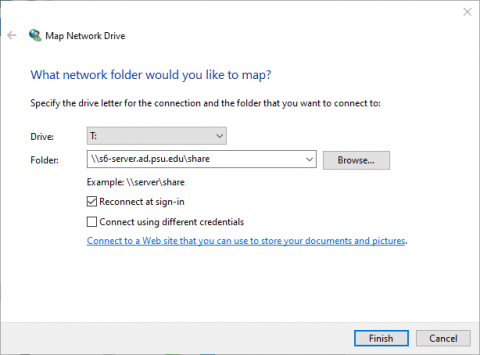 Screenshot of the map network drive dialog box with the fields filled in as described.