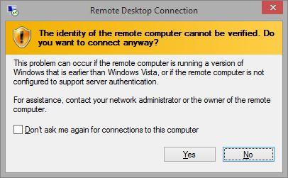 Screenshot of the Remote Desktop Connection warning stating that the identity cannot be verified.