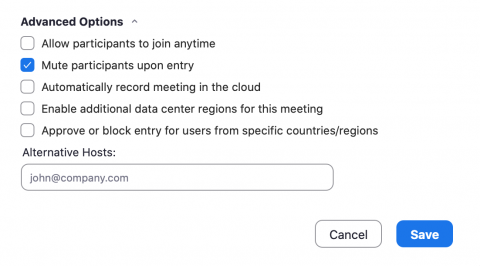 Screenshot of the advanced options when scheduling a meeting.