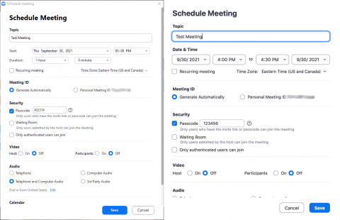 Screenshots of schedule meeting dialog box on both PC and Mac.