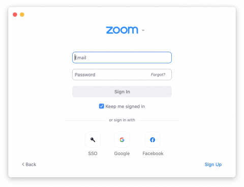 Screenshot of the Zoom login with a "SSO" button.