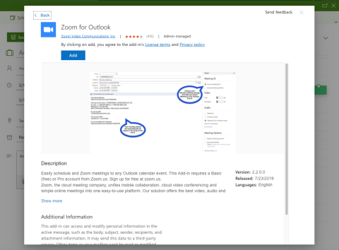 Screenshot showing the Zoom for Outlook add-in with an Add button.