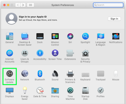 Screenshot showing Software Update in the System Preferences window.