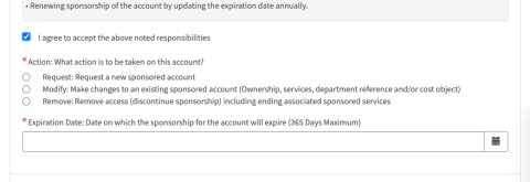 Screenshot showing the fields to request a new account and choose an expiration date.