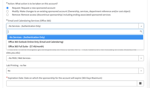 Screenshot showing the dropdown with Office 365 account options.