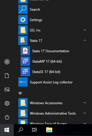 Screenshot showing the Windows Start menu and StataSE program inside the Stata folder.