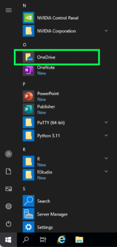 Screenshot showing the OneDrive folder in the Start menu.