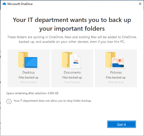 Screenshot showing that IT has set Desktop, Documents, and Pictures folders to automatically backup to OneDrive.