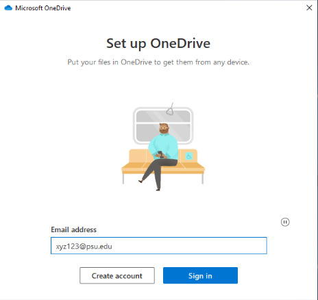 Screenshot of the OneDrive sign in screen with a box for email address.