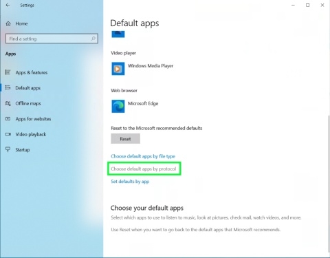Screenshot of Default apps with Choose default apps by protocol highlighted.