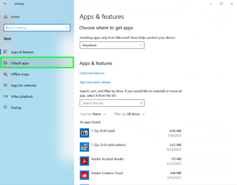 Screenshot of Windows App settings with Default apps highlighted.