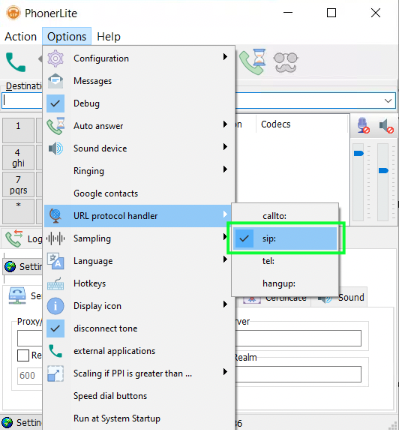 Screenshot showing the PhonerLite interface and the Options menu.