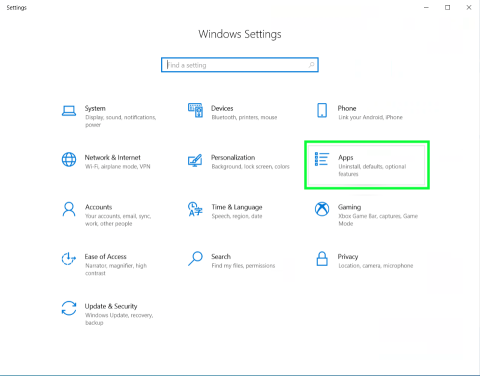Screenshot of Windows Settings with Apps highlighted.