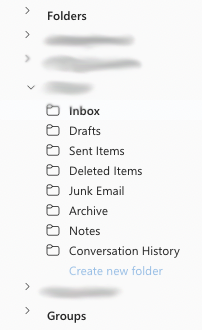 Screenshot showing a shared email account with its inbox and folders at the bottom of the left sidebar in Outlook.