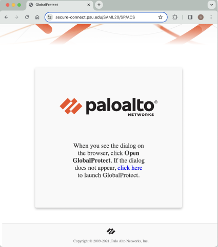 Screenshot of the Paloalto GlobalProtect browser window.