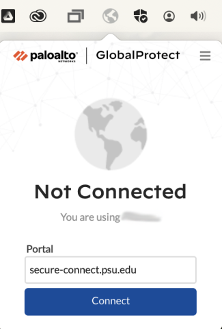Screenshot of the GlobalProtect window and connect button.