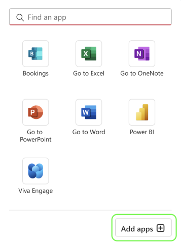 Screenshot showing the Add apps button below the search bar.