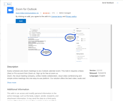 Screenshot showing the Zoom for Outlook add-in with an Add button.