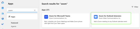 Screenshot showing zoom in the search box and the Zoom for Outlook Extension search result.