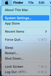 Screenshot showing the Apple menu with System Settings selected.